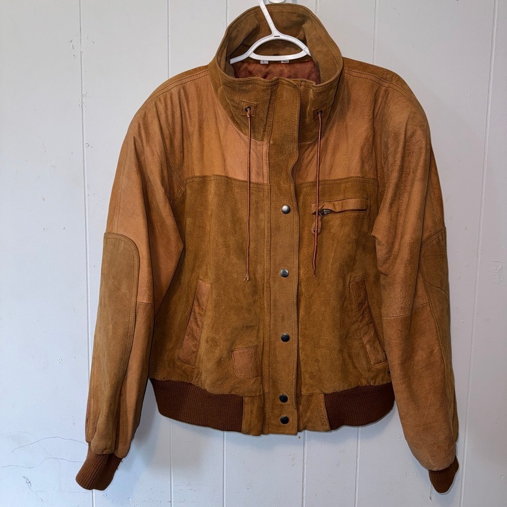Vintage East West Panda Group Suede Leather Bomber Jacket Tan Brown Mens Large